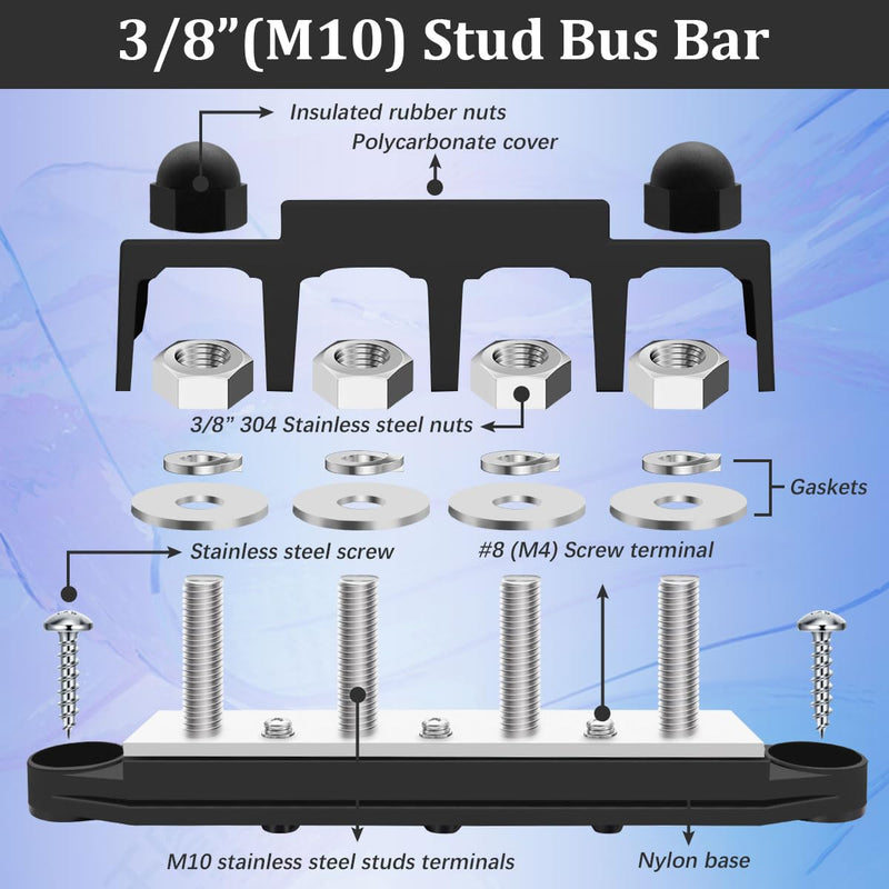 250A 12V Bus Bar Marine 12V,Power Distribution Block with Cover with 4 x 3/8”Post 3 x #8 Screws Terminals,Battery Bus Bar with 4PCS Battery Lugs and 4PCS Heat Shrink Tubing for Car Boat Solar Wiring 250A 4x3/8"+3x#8(M4)