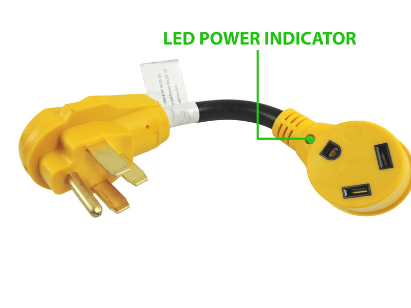 50 Amp Male to 30 Amp Female Dogbone Adapter RV Electrical Converter Cord Cable with LED Indicator Light (50A Male - 30A Female)