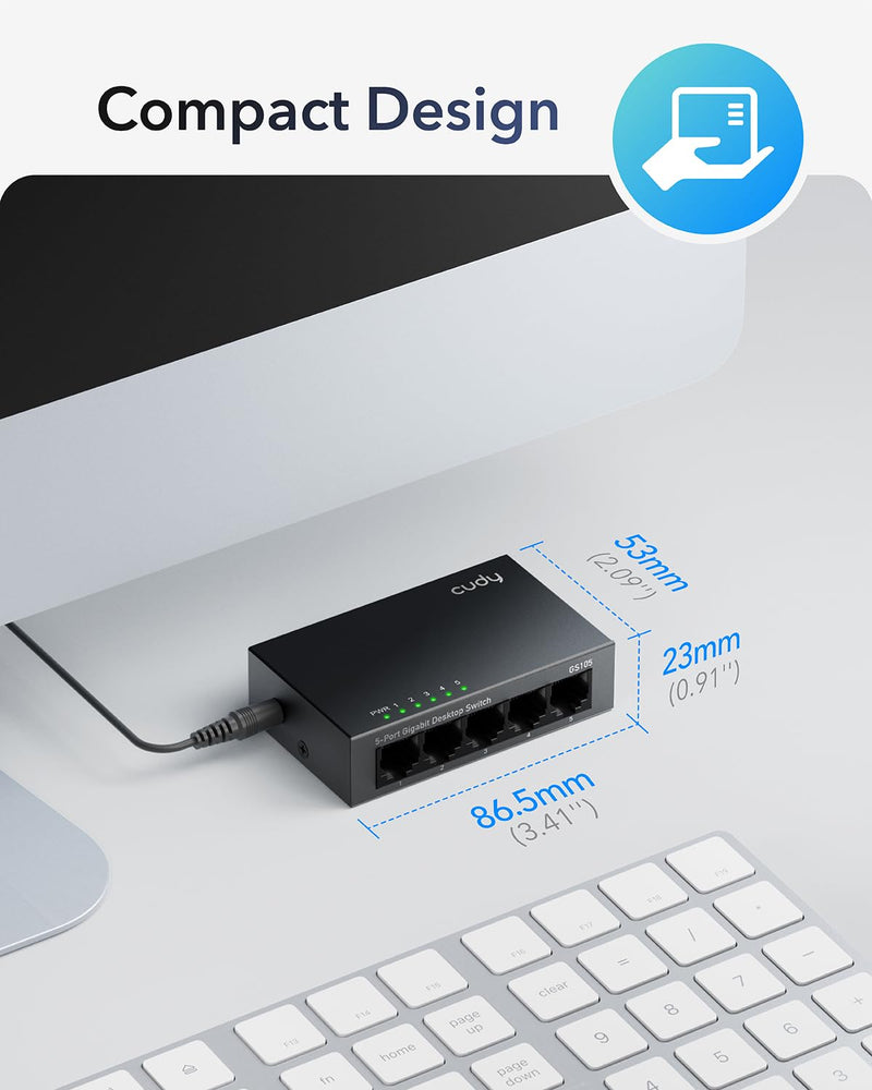 Cudy GS105 5-Port Gigabit Unmanaged Ethernet Switch, Network Hub, Ethernet Splitter, Plug & Play, Fanless Metal Design, Traffic Optimization