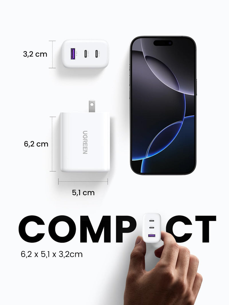 UGREEN 65W USB C Charger, 3 Ports Compact Foldable Fast Wall Charger Block, USB C Power Adapter for MacBook Pro/Air, iPhone 16/15/14, iPad Pro, Dell XPS, Steam Deck, Galaxy S24, Pixel 8/7