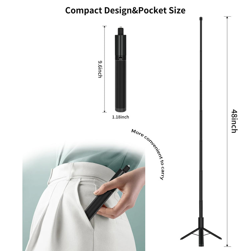KONPCOIU 48" Invisible Extendable Camera Selfie Stick for Insta360, one x2 x2 x3 RS GO3 Gopro Max Hero 12 11 10 9 8 7 6 5 and Other Action Cameras with 1/4" Screw Mini Portable Camera Tripod 45inch