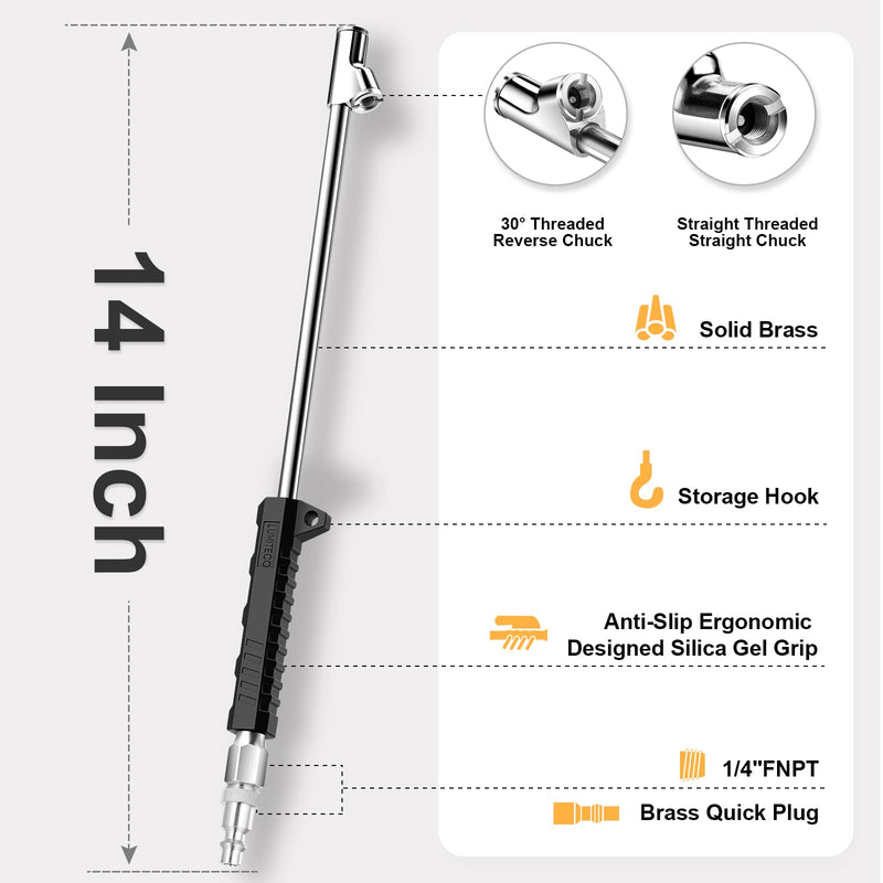 14" Extended Reach Dual Head Air Chuck, 2-Way Connection 1/4" FNPT Straight Lock On Tire Inflate Chuck, Tire Chuck with Standard Quick Plug, Air Compressor Fill Kit for Truck RV Semi Dually Tires 14“ With SILICONE HANDLE