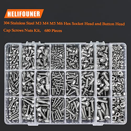 HELIFOUNER 680 Pieces M3 M4 M5 M6 Hex Button Head and Socket Head Metric Screws and Nuts Assortment Kit, 304 Stainless Steel