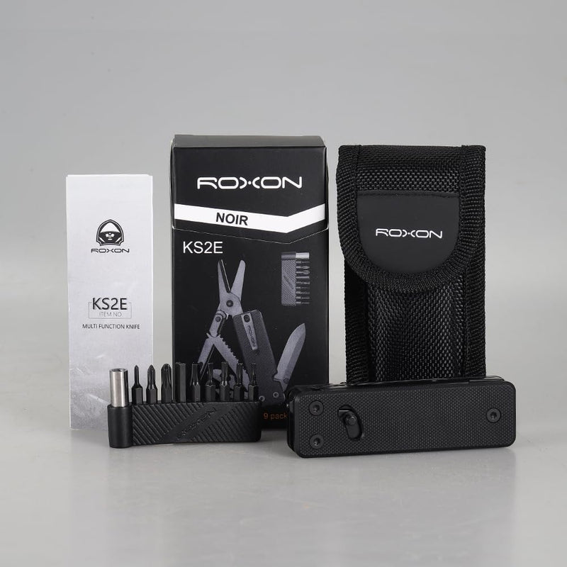 Roxon KS2E Noir Elite D2 Blade 13 in 1 Mini Multi Tool function pocket knife with big scissor, G10 handle and Pocket clip, good for Camping/Backpacking/Emergencies/EDC Multitool (D2 Steel Blade)