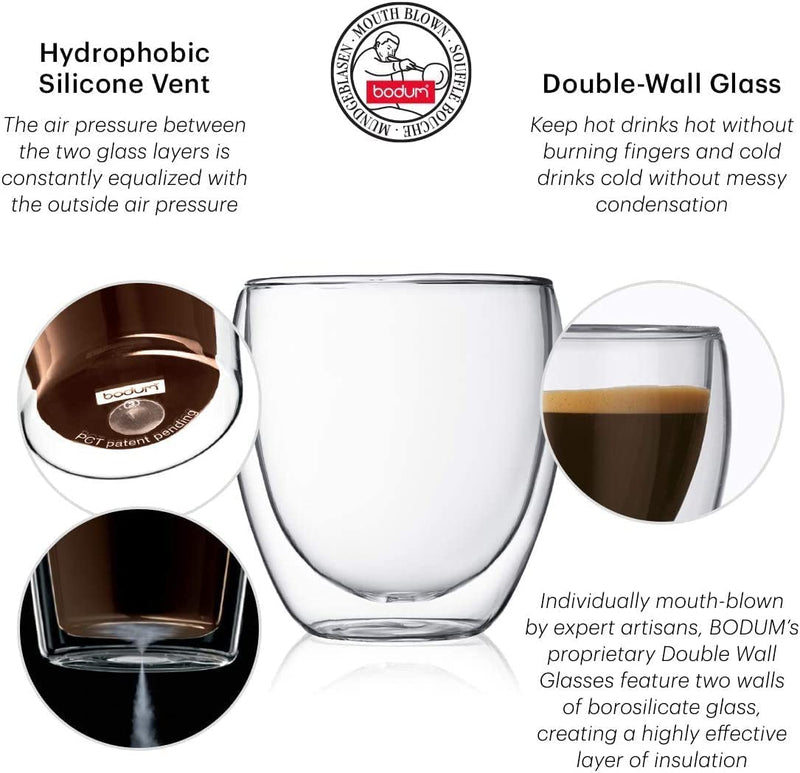 Bodum 5oz Bistro Double Wall Espresso Mug, High-Heat Borosilicate Glass, Set of 2, Clear 5.1 Ounces