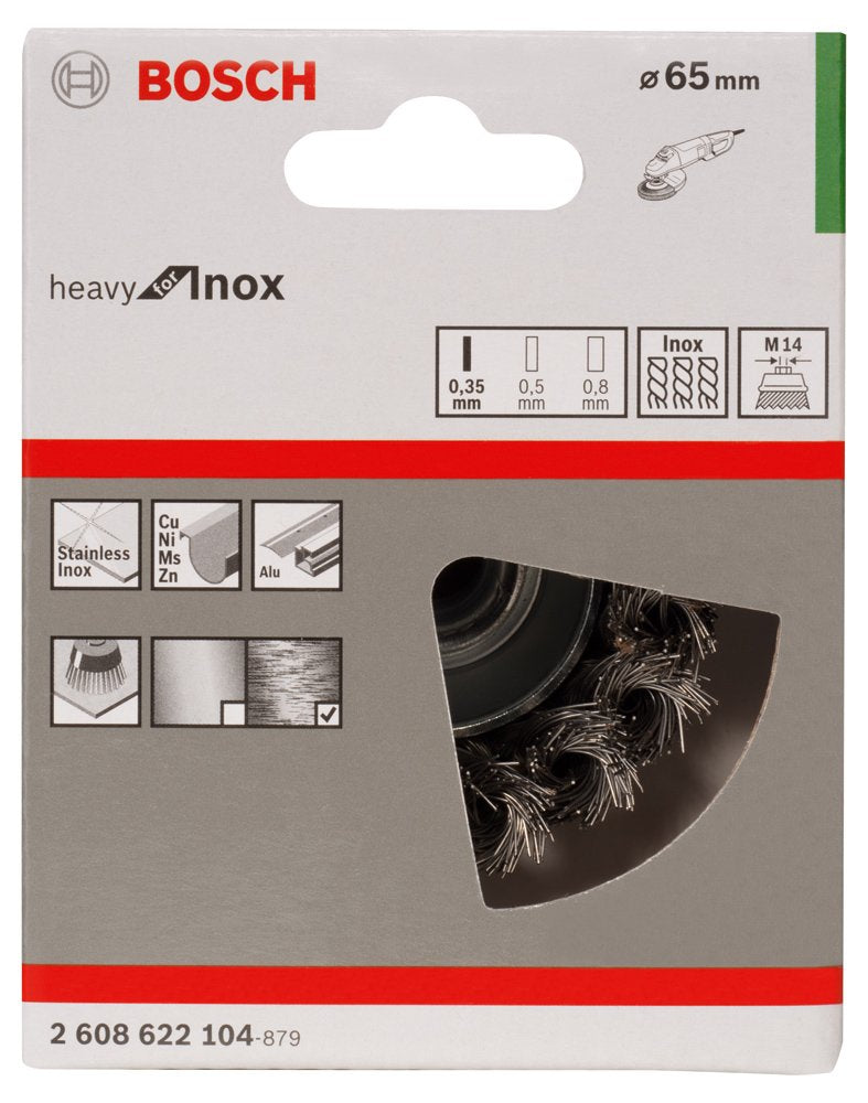Bosch Professional Cup Brush Heavy for Inox (for Stainless Steel, Braided Wire, Diameter 65 mm, 12500 rpm, M14, Accessories Angle Grinder), 2608622104 65 x 0.35 mm