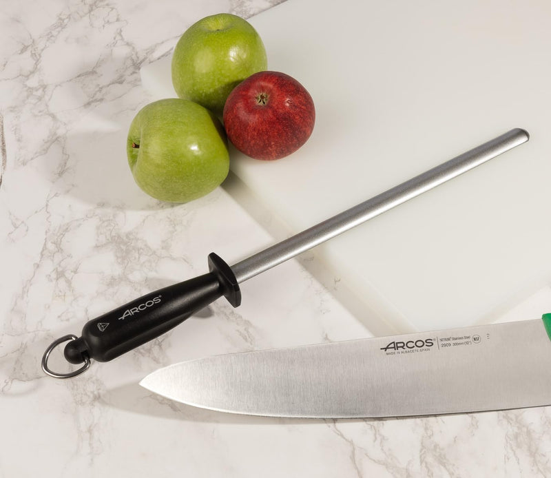 ARCOS Sharpening Steel 8 Inch Nitrum Stainless Steel and 280 mm blade. Series Chaira. Body Carbon Steel Chromium Coated 11 - Polypropylene Yellow Handle