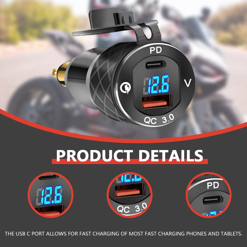 Motorcycle Power Adapter USB C 30W PD3.0 Aluminum Alloy Quick Charge Aluminum Voltmeter for 12V-24V Ducati Triumph Motorcycle and More Style Motorcycles