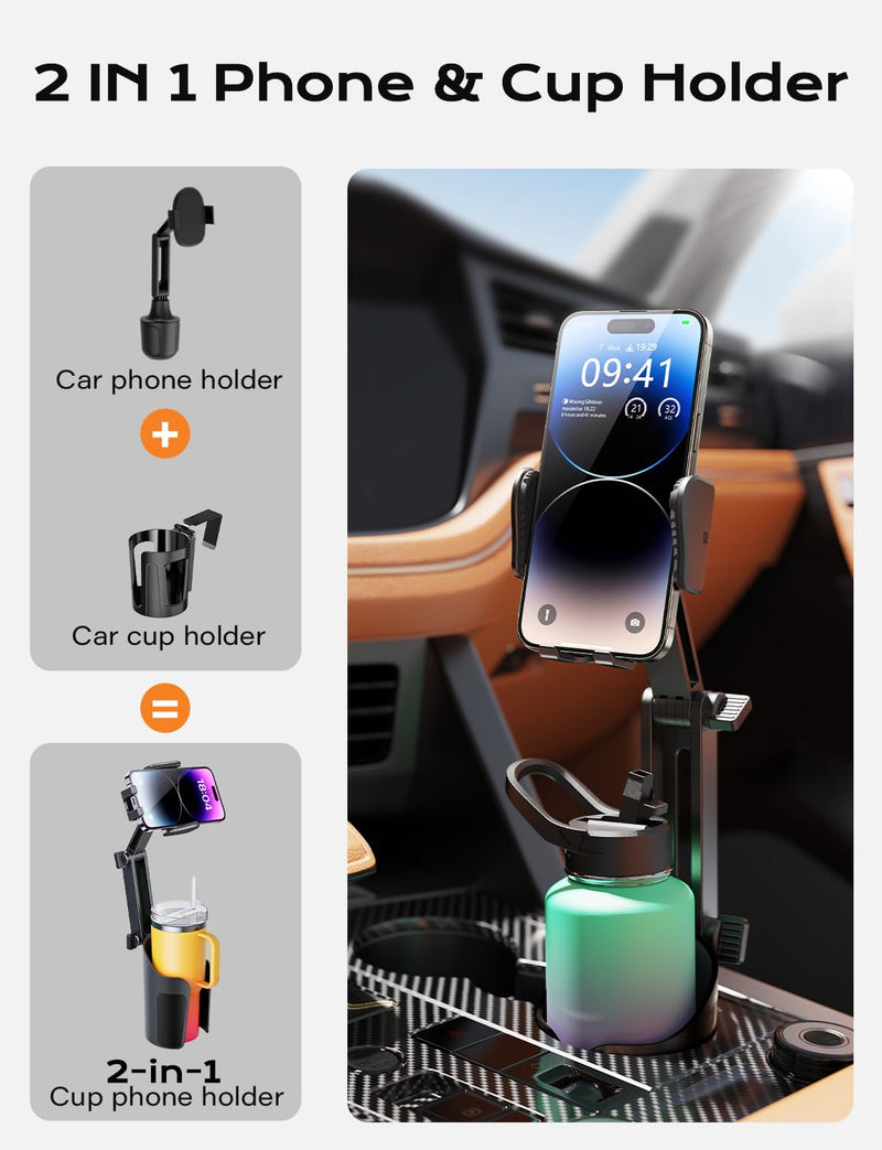2-in-1 Cup Holder Phone Holder for Your Car Bottle Friendly Cup Cell Phone Holder Mount for Car Height Adjustable Sturdy Fit 4-7 inches Phones Black