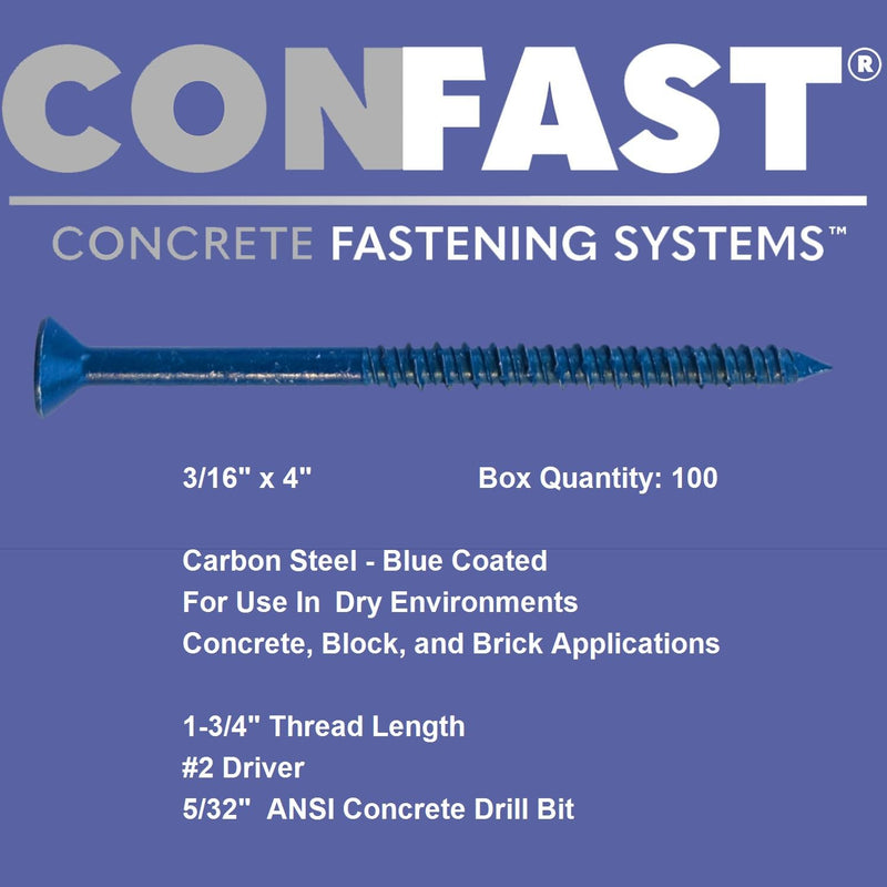 CONFAST 3/16" x 4" Blue Flat Phillips Concrete Screw Anchor with Drill Bit for Anchoring to Masonry, Block or Brick (100 per Box) 3/16" x 4"