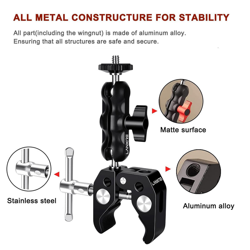 Camera Mount Clamp with Double Ball Head Adapter - 2 Pack. Compatible with LED Lights, Gopro, Insta360, DJI Action, Ronin-M, Ronin MX. 360° Ballhead and 1/4’’ + 3/8’’ Thread Hole.