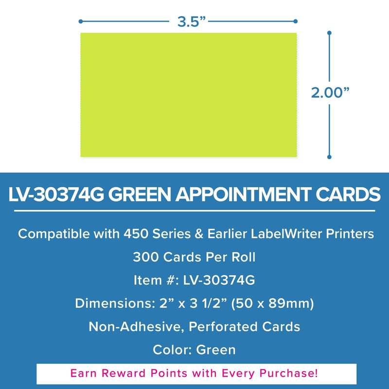 Dymo LV-30374 Compatible Green Appointment Cards, 2" x 3-1/2", 300 Non-Adhesive Direct Thermal Cards per Roll – Works with Dymo LabelWriter 450 Series and Earlier | LabelValue