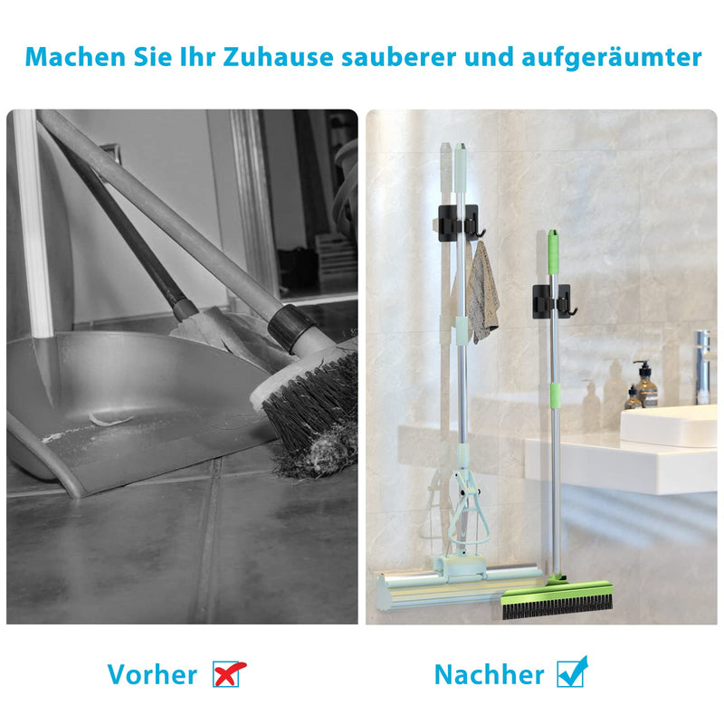 Homeasy Wall Broom Holder 4 Pieces Stainless Steel No Drilling Black | 4 self-adhesive holders for brooms and mops on smooth walls without drilling.