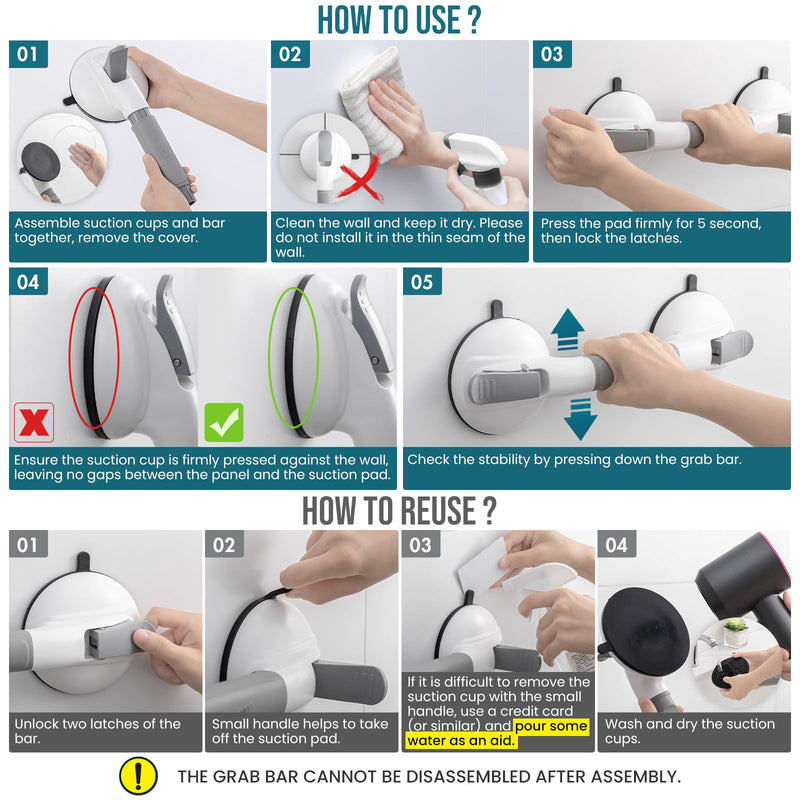 TAILI Grab Bars for Bathtubs and Showers, Shower Handles for Elderly Suction,Maximum 330lbs,Shower Grab Bar with Upgraded Rubber Suction Cups,Safety Grip for Senior, No Drilling Removable,Grey 1 Pack Gray