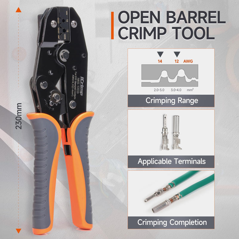iCrimp Ratchet Deutsch Crimp Tool for DT Connector, Deutsch Open barrel Terminal Wire Crimping Tool for AWG14,12 IWS-12DS DT Crimper AWG14,12
