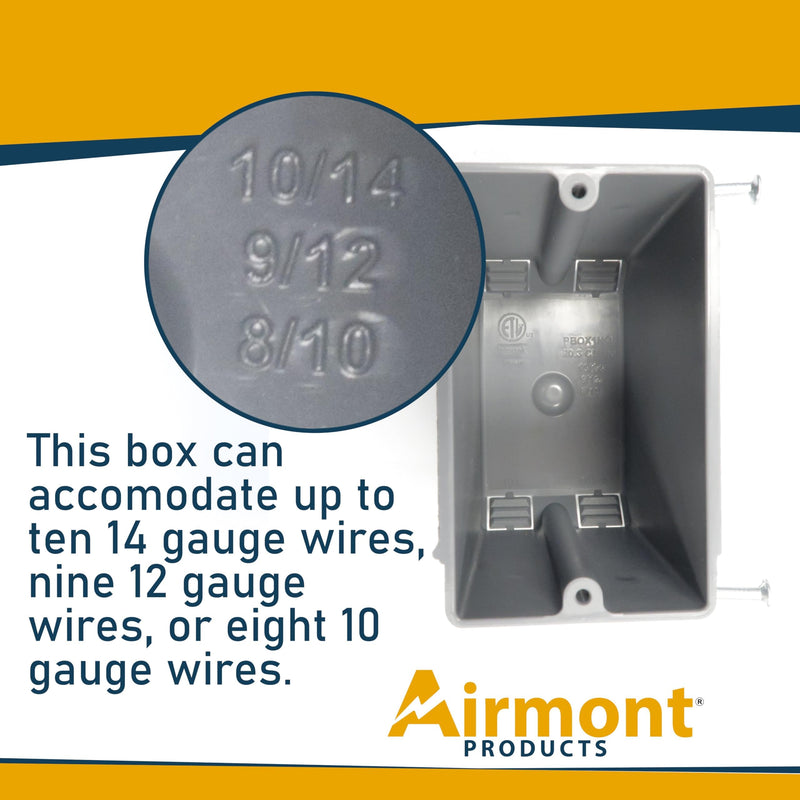 (Pack of 16) Plastic Electrical Box, Grey Outlet Box, Single Gang New Work Junction Box, Captive Nails, 20 cu. Inches, Length 3-5/8'', Width 2-1/8'', Depth 3-1/4''