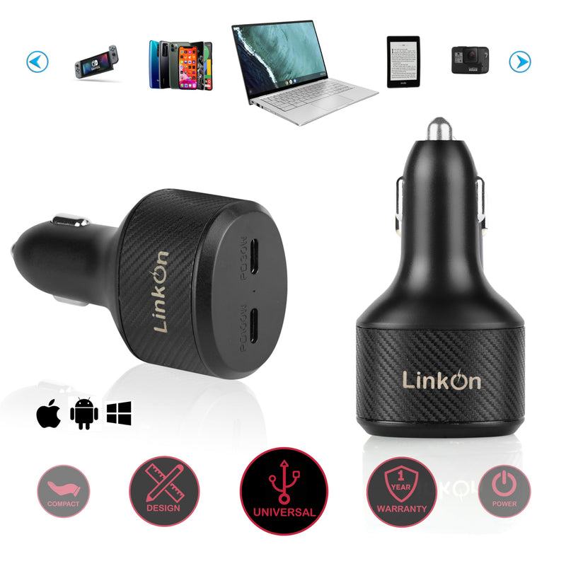 LinkOn 130W USB C Car Charger PD3.0 (100W) PPS + 30W PD – Dual USB-C Port Fast Charger for Laptop, Phone, or Tablet Compatible with MacBook, Dell XPS, HP, iPhone 15/16, Galaxy S23/S24, Pixel, and more Carb-130W