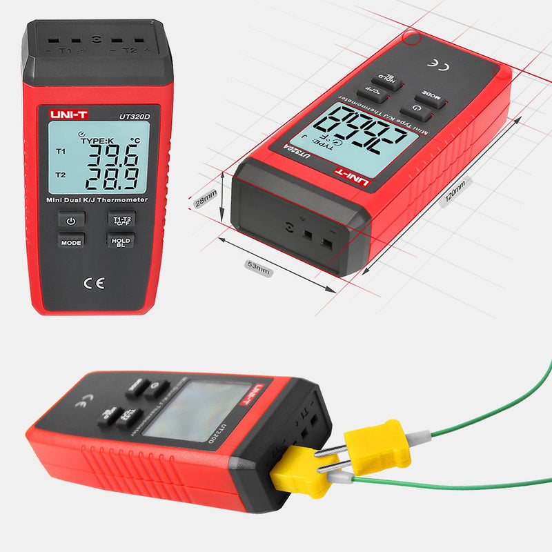 UT320D Dual Channel K/J Digital Thermometer, Thermocouple Temperature Meter Temperature Meter with 2 K-Type Measuring Probe for Industry, Agriculture, Meteorology and Life 02-UT320D