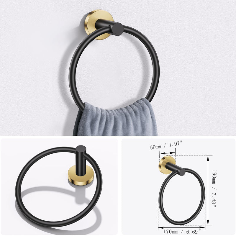 Lairuier Bathroom Hardware Set, 4-Piece Towel Holder Set Include Toilet Paper Holder,Towel Ring and 2 Towel Hooks Stainless Steel Wall Mounted Bathroom Hardware Accessories Set (Black and Gold) Black Gold Set A