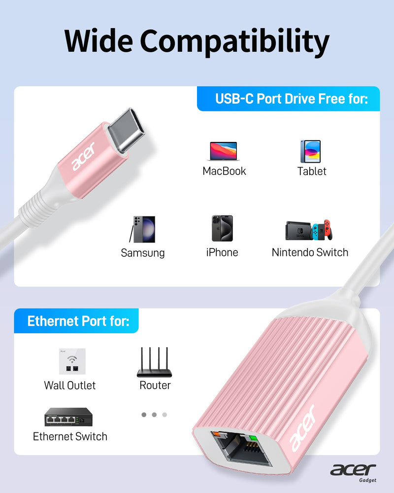 Acer USB C to Ethernet Adapter, RJ45 to Type C Ethernet Converter(Thunderbolt 3/4 Compatible), 1Gbps Aluminum USB-C LAN Adapter for Laptop, MacBook Pro/Air, iPad Pro, iPhone 15/16, Dell XPS-Pink Pink