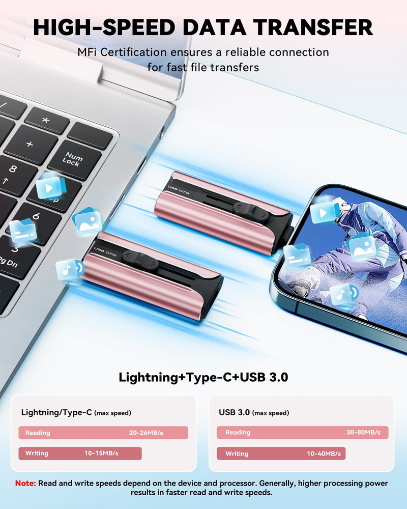 MFi Certified 256GB Flash Drive for iPhone USB Memory Stick Thumb Drives, High Speed USB Stick iPhone Flash Drive for Photos Videos,Photo Stick External Storage for iPhone/iPad/Android/Laptop (Pink) Pink Rose