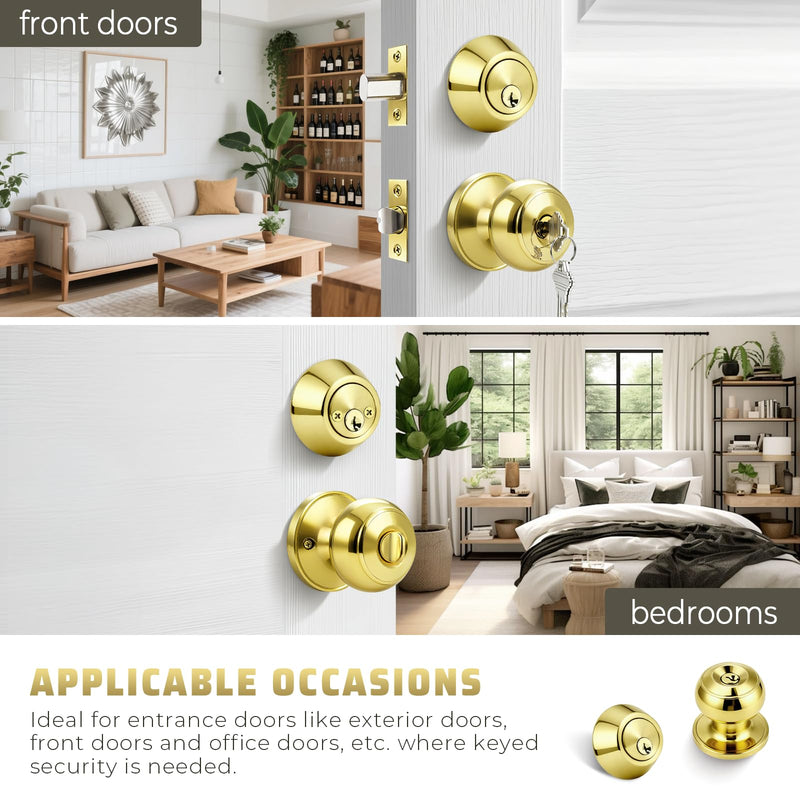 KNOBWELL 1 Pack Keyed Alike Door Knob and Double Cylinder Deadbolt Set, Exterior Door Lock Set, Polished Brass
