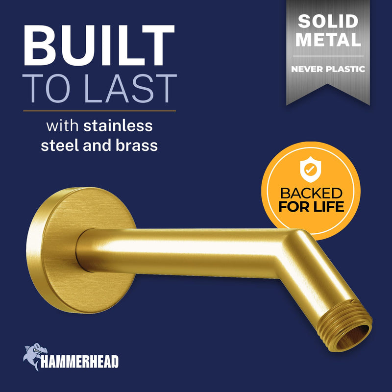 HammerHead® Solid Metal Shower Arm and Flange - 7.5 Inch 304 Stainless Steel Extension Pipe - Universal Shower Head Arm with Flange and Locking Screw, Brushed Gold
