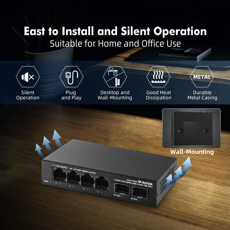 MokerLink 4 Port 2.5G Ethernet Switch with 2x10G SFP+ Slot, 4x2.5G Base-T Ports Compatible with 100/1000Mbps, Mini Size, Metal Unmanaged Fanless Network Switch Mini 4*2.5G,2*10G SFP
