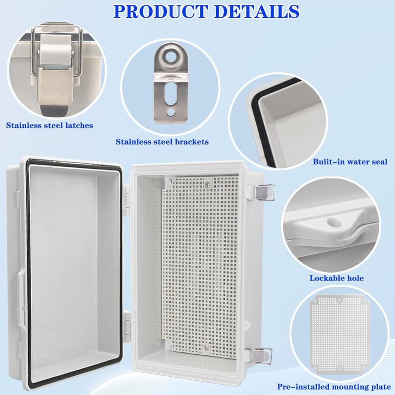 Waterproof Electrical Box with Mounting Plate, IP67 Junction Box Stainless Steel Latch Hinged Grey Cover Project Enclosure with Wall Bracket and 2 Glands 10.2" x 6.3" x 3.9" 10.2" x 6.3" x 3.9"