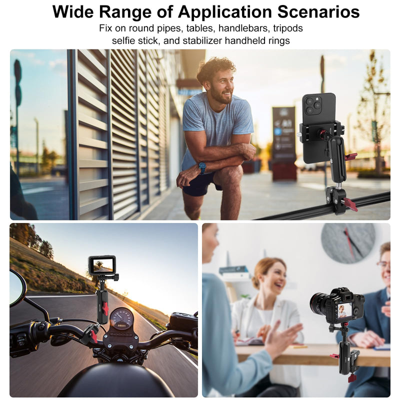 Camera Mount Super Clamp, Double Ballhead Magic Arm Clamp for GoPrO/Pocket 3 /lnsta360 X3 X4 /DSLR/Monitor/LED Light/Flash/Microphone,360°Rotating & 1/4”Screw & CNC Ebike Handlebar Clip Kit, JC008 JC008 Clamp Kit