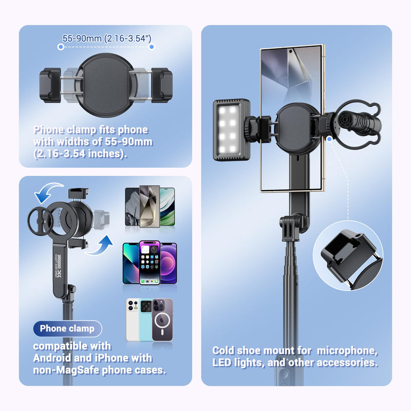 40.9" Magnetic Selfie Stick Tripod for Phone,Extendable Phone Tripod Stand with Detachable Wireless Remote & Magnet Clip Compatible with MagSafe for iPhone 17 16 15 14 13 Pro Max Plus Gopro&All Phones BLACK