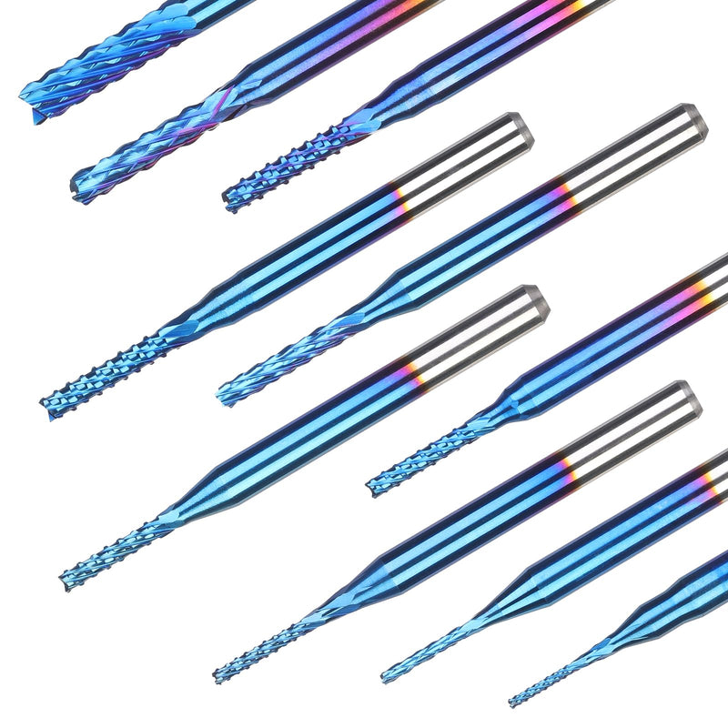 SainSmart Genmitsu 10Pcs Nano Blue Coat End Mill Set CNC Milling Cutter for Wood PVC Aluminum, 0.8-3mm, 1/8" Shank 0.8-3.0mm Set