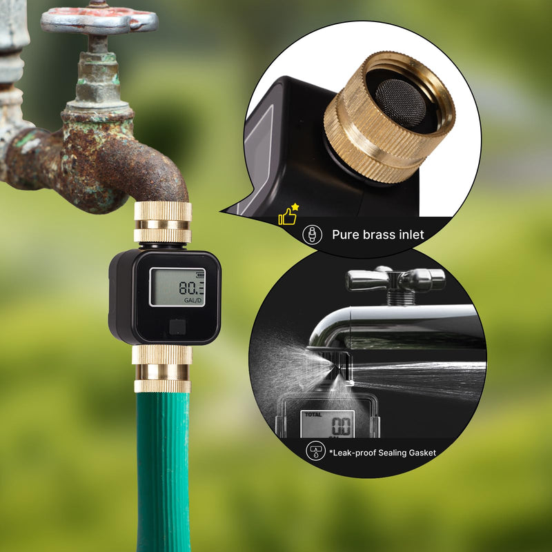 MOES Water Flow Meter with Brass Inlet Metal Thread, Measure Gallon/Liter Consumption and Flow Rate for RV Water Tank Filling, Outdoor Garden Hose Watering, Lawn Sprinkler and Nozzle Sprayer, 2 Pack