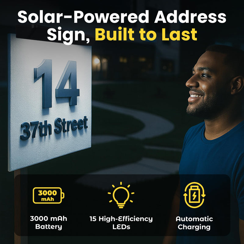 Brighticonics Solar Address Sign Light – IP65 Waterproof LED Lighted House Numbers – Easy to Install, Auto Dusk to Dawn ON/Off, Outdoor Solar Address Signs for Yard, Homes, Business - Cold White 6000K Black - 6000K Cold White Single Pack
