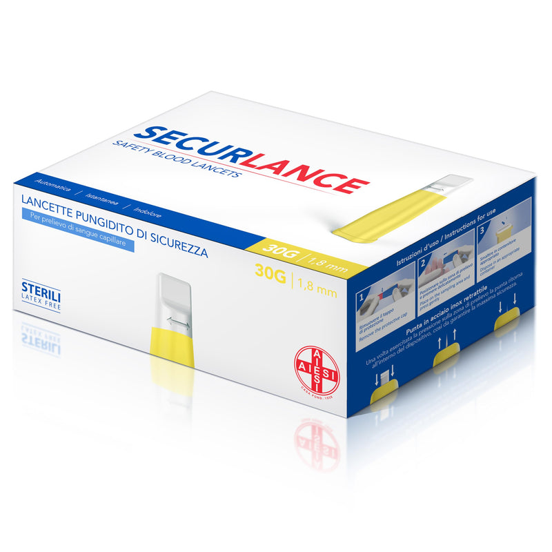 AIESI Sterile Disposable Lancets with Safety System and Retractable Stainless Steel Tip Needle 30G Securance (Pack of 100)