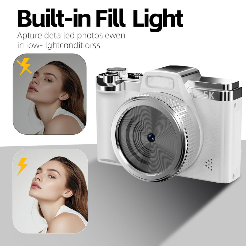 WGM 5K Digital Camera,68MP Cameras for Photography,16X Zoom Compact Point and Shoot Cameras,32GB Card & Flash,for Boys Girls Teens Beginners(White) White