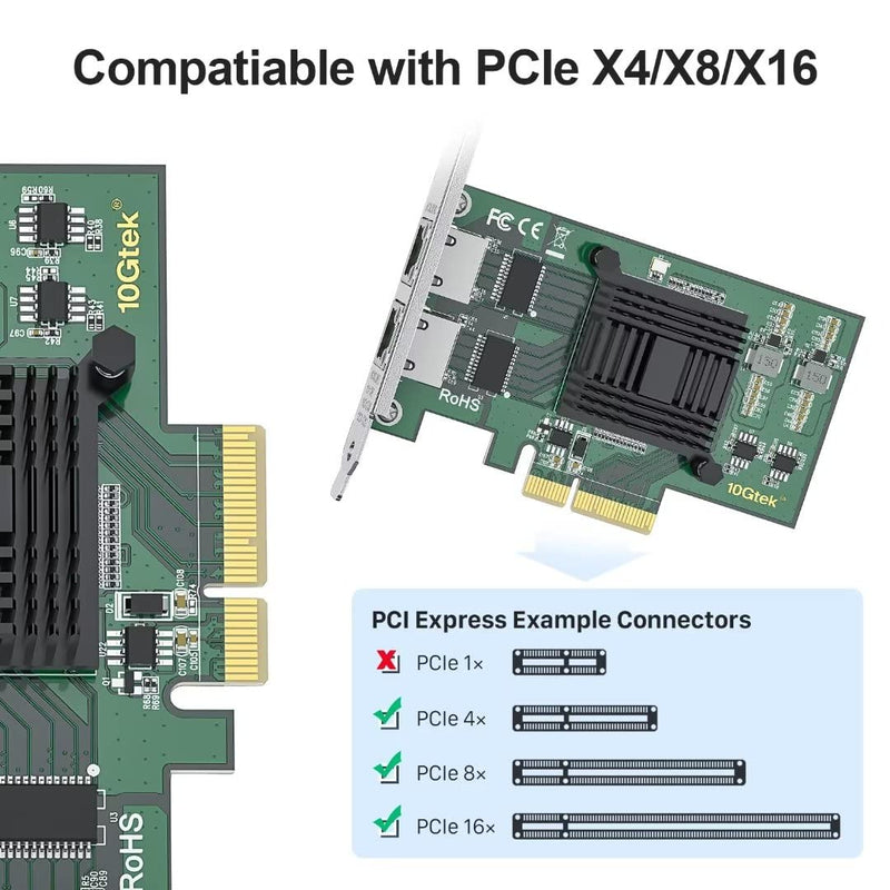 10Gtek 1G 1000Mbps Gigabit Ethernet Converged Network Adapter (NIC) with Intel I350AM2 Controller, Ethernet PCI Express Network Card, Dual Copper RJ45 Ports, PCIE 2.0 X4, Compare to Intel I350-T2 2-RJ45 X1