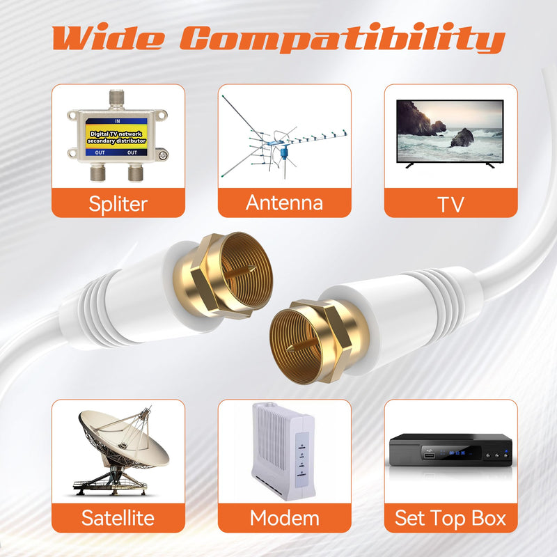 2FT RG6 Coaxial Cable, TV Coax Cable Cord Extender, Gold Plated Connectors, RG6 Compatible for Cable Modems, Cable Box, Digital Router, With F Connector and 90 Degree Angled Male to Female Adapter 2FT
