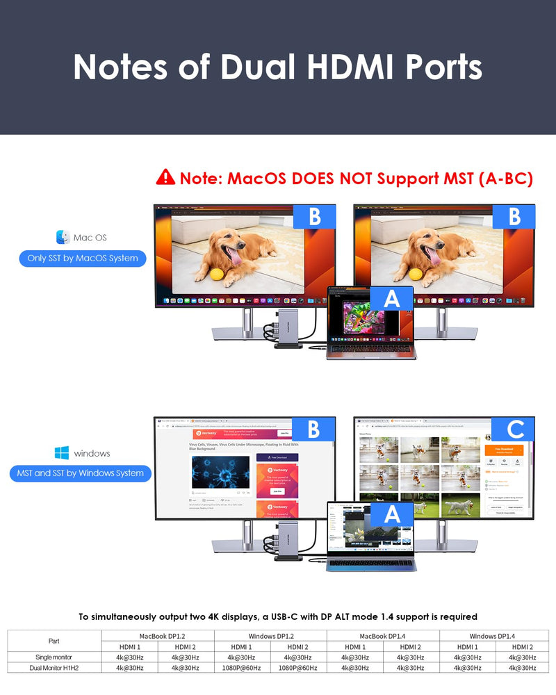 LENTION 10-in-1 Detachable USB C Laptop Docking Station with Dual 4K@60Hz HDMI, PD Charging, USB C, USB-A, SD/Micro Card Readers, 3.3ft Host Cable for Mac, MacBook, Windows use (D62 10-in-1(3.3ft cable+Vertical+Detachable)