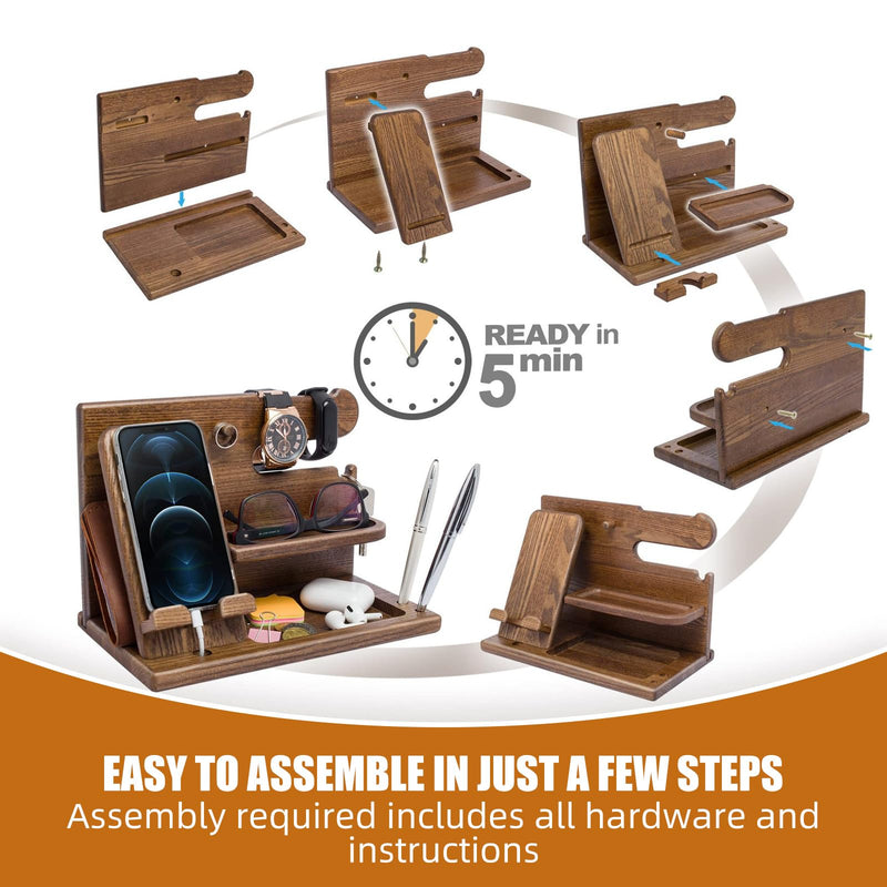 Wood Phone Docking Station for Men, Simple and Elegant Nightstand Organizer, Multifunctional Desk Organizers and Accessories, Watch Organizer and Headphone Holder, Birthday Gifts for Men