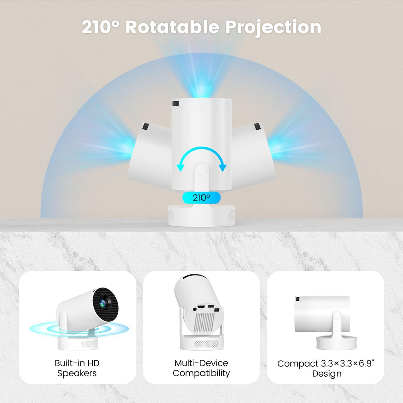 Mini Portable Projector with WiFi and Bluetooth, 4k 1080P Video Projector Support 5w Sound Base Speaker, 200 ANSI, 210° Rotation, Auto Vertical Keystone for Home Bedroom Outdoor, HY300 Ultra