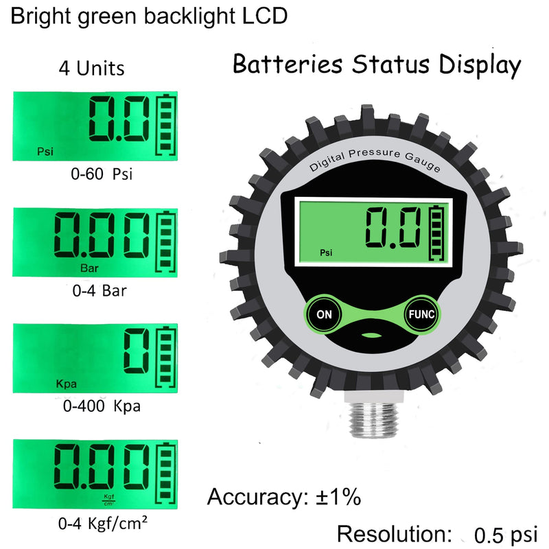 Uharbour Digital Pressure Gauge, Low Pressure Gauge with 1/4" NPT Bottom Port and Rubber Protector, 0-60psi, Accuracy 1%, Resolution 0.1psi... 5-60PSI Lower Mount