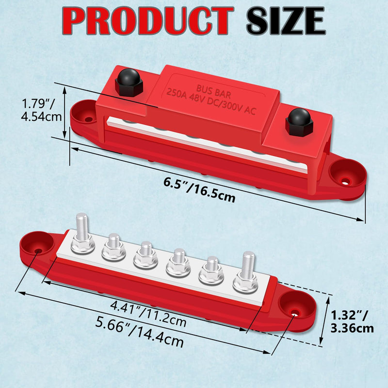 12V 250A Bus Bar Marine 6 x 1/4"(M6) Studs Power Distribution Block for Car and Boat (Black+Red) Style A-250A