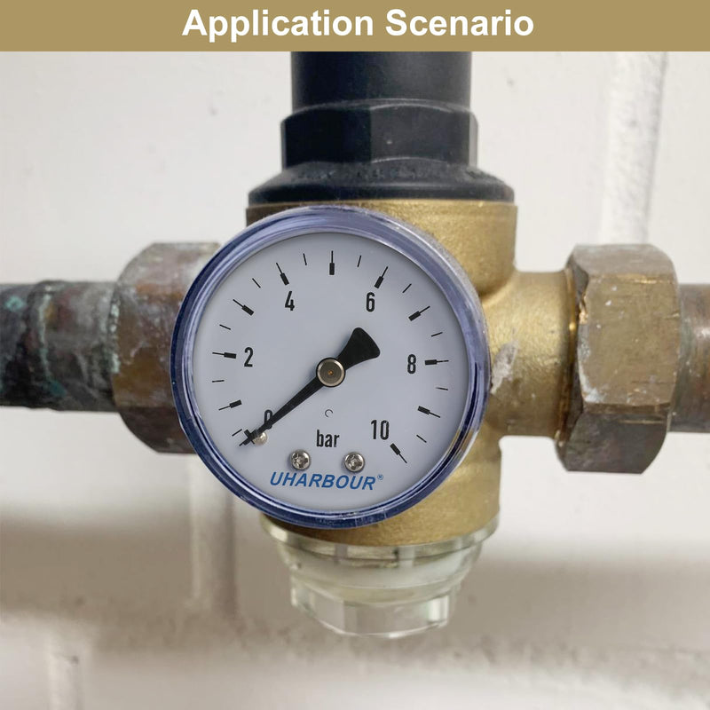 UHARBOUR pressure gauge water 0-10 bar, pressure gauge 1/4 inch, pressure gauge compressed air holder on the back, compressed air pressure gauge 1/4 BSP brass connection