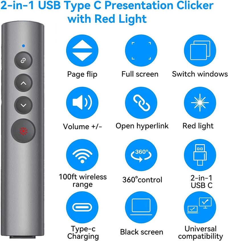 Rechargeable Presentation Clicker, 2 in 1 USB-A USB-C Metal Wireless Remote Powerpoint Slide Clicker with Volume Control for PPT/Mac/Laptop/Computer, Google Slide Advancer Bright Red Light