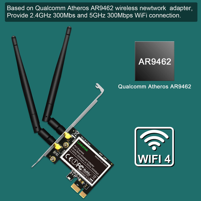 Wireless N 600Mbps (2.4GHz 300Mbps and 5GHz 300Mbps) PCIE WiFi Adapter, PCIE WiFi Card, QUALCOMM Atheros AR946X Wireless Network Adapter for Windows 10 8.1 8 7 XP Desktop PCs (PCIE-N600) PCIE-N600