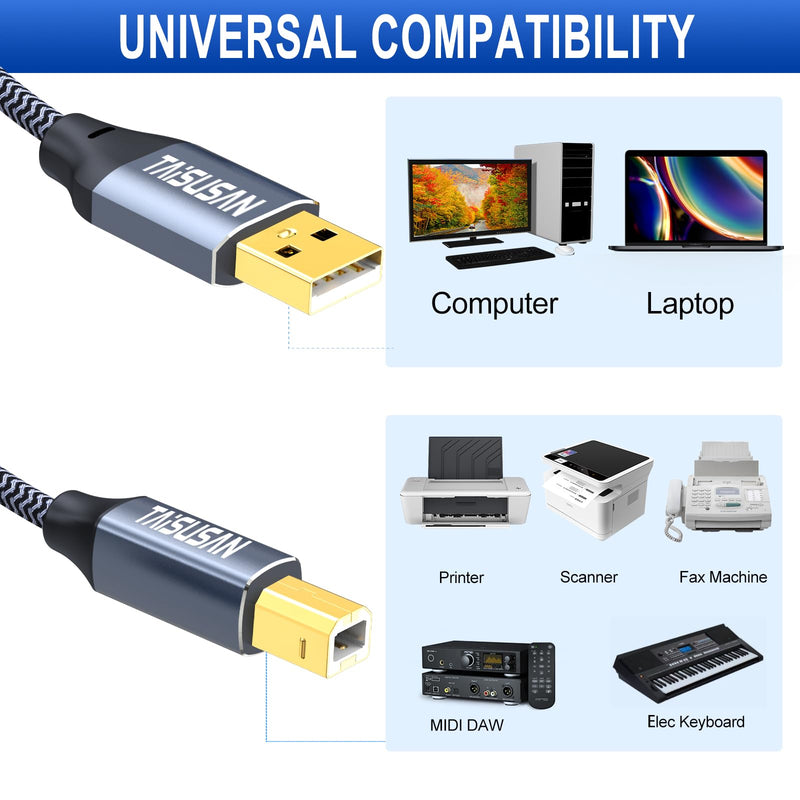 50ft USB 2.0 Printer Cable, High Speed USB A to USB B Printer Cord Compatible for Keyboard,MacBook,Printers and Scanners-Gray 50ft USB Printer Cable Grey