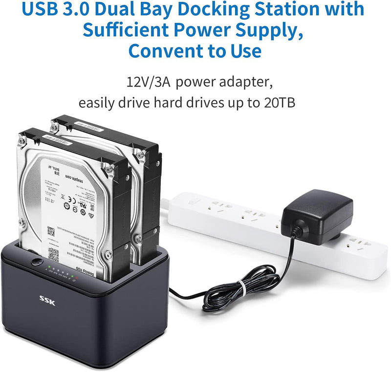 SSK Aluminum Hard Drive Docking Station, USB 3.0 to SATA Dual Bay External HDD Dock Caddy Reader for 2.5 & 3.5 inch SATA HDD SSD, with UASP Offline Cloner/Duplicator Function (2x20TB Supports) Black