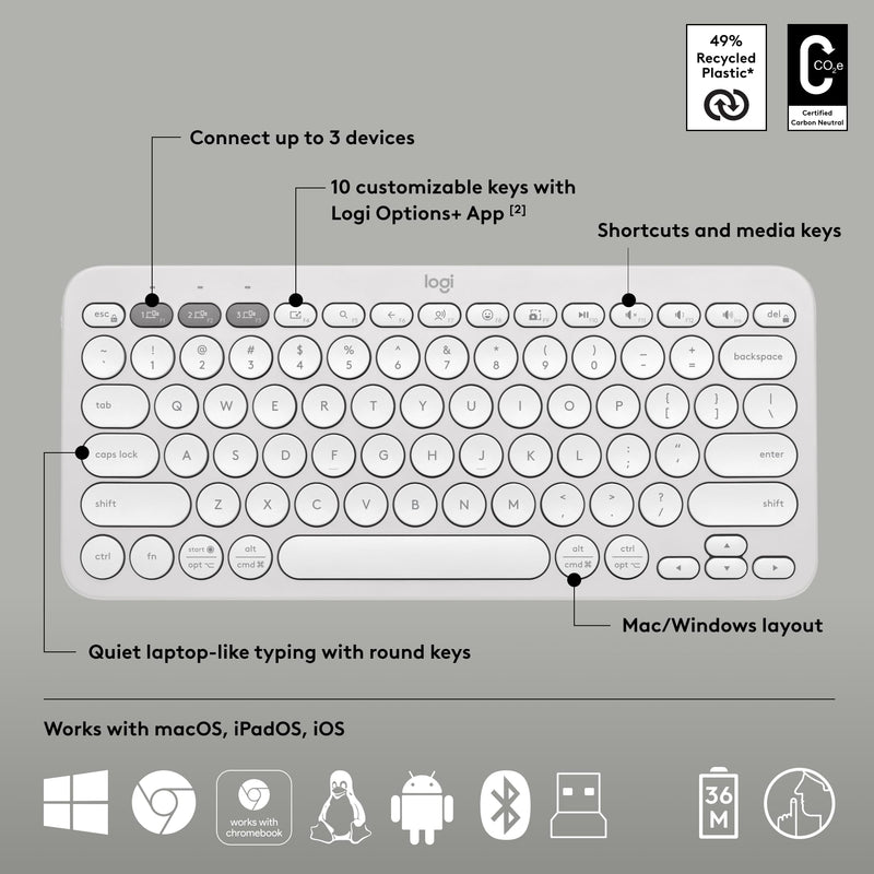 Logitech Pebble 2 Combo, Wireless Keyboard and Mouse, Quiet and Portable, Customizable, Logi Bolt, Bluetooth, Easy-Switch for Windows, macOS, iPadOS, Chrome - Tonal White