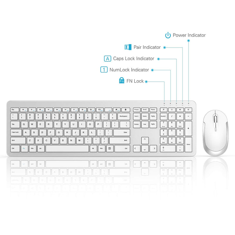 Wireless Keyboard and Mouse Combo - Full Size Slim Thin Wireless Keyboard Mouse with Numeric Keypad 2.4G Stable Connection Adjustable DPI (White & Silver) Silver and White
